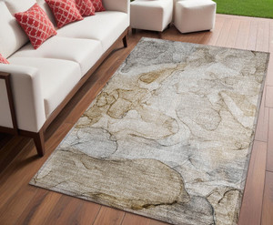 5' X 8' Beige Abstract Washable Non Skid Indoor Outdoor Area Rug - 608219185435