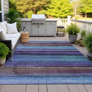 5' X 8' Blue Purple And Taupe Striped Washable Indoor Outdoor Area Rug