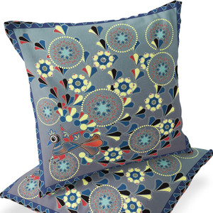 Set of Two 16" X 16" Gray and Blue Peacock Blown Seam Floral Indoor Outdoor Throw Pillow