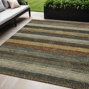 5' X 8' Khaki And Gold Striped Washable Indoor Outdoor Area Rug - 880016748512