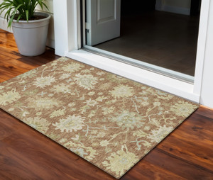 3' X 5' Copper Green And Ivory Floral Washable Indoor Outdoor Area Rug