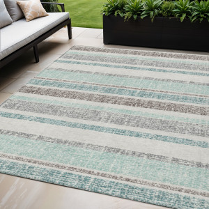 5' X 8' Teal Blue And Gray Striped Washable Indoor Outdoor Area Rug - Teal Blue, Gray