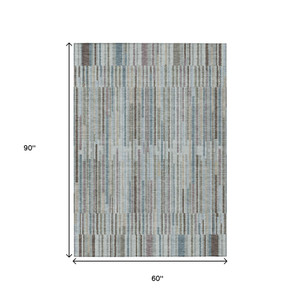 5' X 8' Teal Blue And Brown Striped Washable Indoor Outdoor Area Rug - Teal Blue, Brown