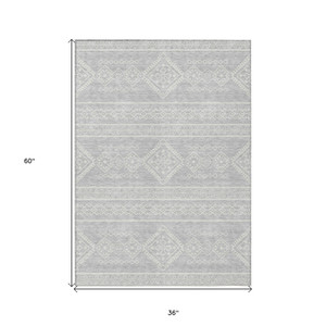3' X 5' Silver And Ivory Southwestern Washable Indoor Outdoor Area Rug