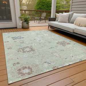 5' X 8' Artichoke Green Ivory And Brown Floral Washable Indoor Outdoor Area Rug