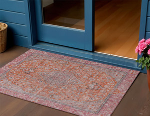 3' X 5' Orange And Red Medallion Washable Indoor Outdoor Area Rug