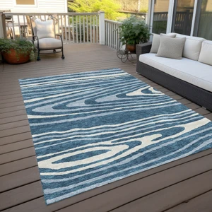 5' X 8' Navy Blue Denim Blue And Ivory Faux Bois Washable Indoor Outdoor Area Rug
