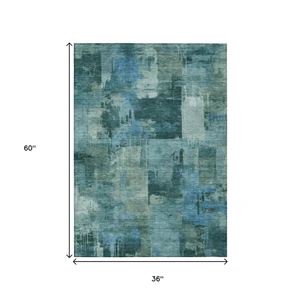 3' X 5' Teal Blue And Pale Aqua Abstract Washable Indoor Outdoor Area Rug - Teal Blue, Pale Aqua