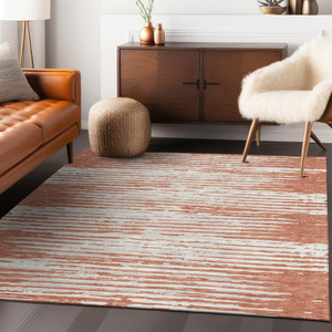 3' X 5' Coral And Ivory Striped Washable Indoor Outdoor Area Rug