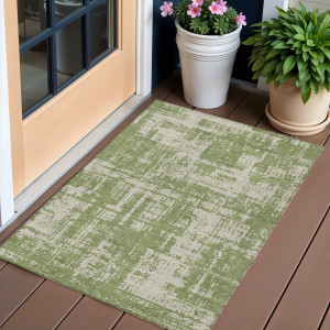 3' X 5' Green And Beige Abstract Washable Indoor Outdoor Area Rug - Green, Beige