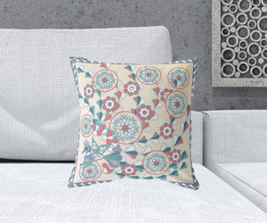 18" x 18" Off White Peacock Blown Seam Floral Indoor Outdoor Throw Pillow - 606114752875