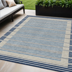 5' X 8' Navy Blue And Denim Blue Striped Washable Indoor Outdoor Area Rug Transitional Style - Navy Blue, Denim Blue Color