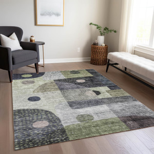 5' X 8' Artichoke Green Gray And Charcoal Geometric Washable Indoor Outdoor Area Rug