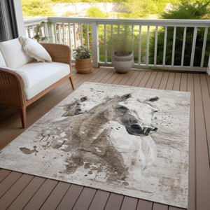 5' X 8' Ivory And Gray Horse Washable Indoor Outdoor Area Rug
