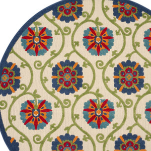 8' Navy Blue Beige Green Blue And Red Round Floral Indoor Outdoor Area Rug