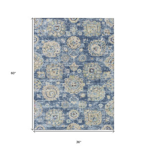 3' X 5' Navy Blue And Beige Floral Washable Indoor Outdoor Area Rug