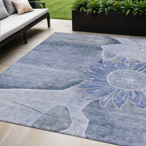 5' X 8' Sky Blue And Indigo Floral Washable Indoor Outdoor Area Rug