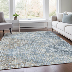 3' X 5' Denim Blue And Beige Geometric Washable Indoor Outdoor Area Rug