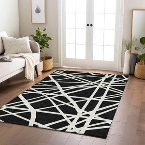 5' X 8' Black And Ivory Geometric Washable Indoor Outdoor Area Rug Transitional Style - Black, Ivory Color