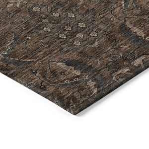 3' X 5' Brown Tan And Charcoal Damask Washable Indoor Outdoor Area Rug
