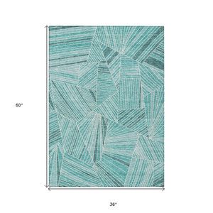 3' X 5' Teal Blue And Ivory Geometric Washable Indoor Outdoor Area Rug Transitional Style - Teal Blue, Ivory Color