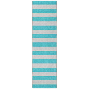 8' Runner Turquoise Striped Washable Non Skid Indoor Outdoor Runner Rug