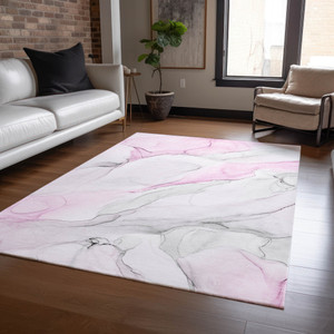 5' X 8' Gray and Pink Abstract Washable Non Skid Indoor Outdoor Area Rug - 608219121426