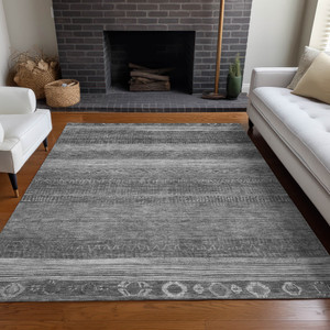 5' X 8' Gray And Silver Aztec Washable Indoor Outdoor Area Rug