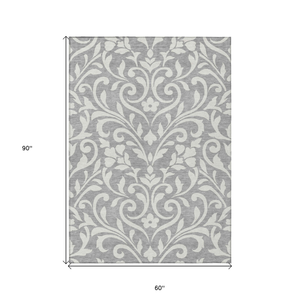 5' X 8' Gray And Ivory Floral Washable Indoor Outdoor Area Rug