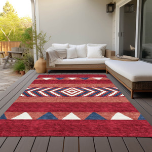 3' X 5' Red White And Navy Blue Southwestern Washable Indoor Outdoor Area Rug