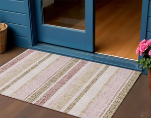 3' X 5' Pink And Beige Striped Washable Indoor Outdoor Area Rug - Pink, Beige