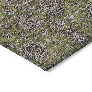 5' X 8' Olive Green Beige And Taupe Floral Washable Indoor Outdoor Area Rug