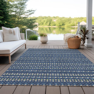 3' X 5' Navy Blue And Mint Green Striped Washable Indoor Outdoor Area Rug