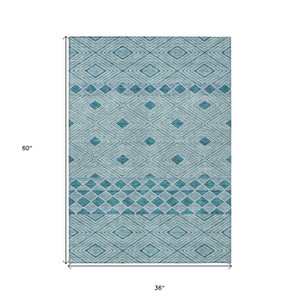 3' X 5' Teal Blue And Aqua Geometric Washable Indoor Outdoor Area Rug Transitional Style - Teal Blue, Aqua Color