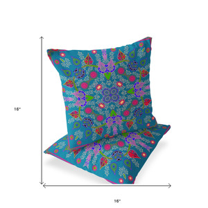 Set of Two 16" X 16" Blue and Green Blown Seam Paisley Indoor Outdoor Throw Pillow Polyester Decor