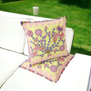 Set of Two 16" X 16" Yellow and Peach Peacock Blown Seam Floral Indoor Outdoor Throw Pillow - 606114842002