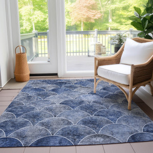 5' X 8' Denim Blue And Gray Abstract Washable Indoor Outdoor Area Rug