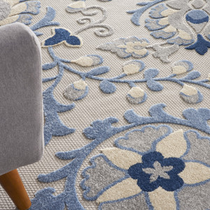 7' X 10' Blue Gray And Navy Blue Floral Indoor Outdoor Area Rug