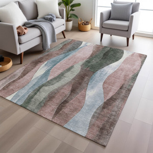 3' X 5' Salmon And Denim Blue Abstract Washable Indoor Outdoor Area Rug