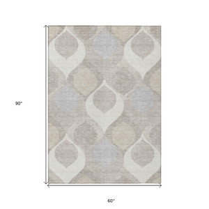 5' X 8' Ivory Beige And Tan Ogee Washable Indoor Outdoor Area Rug