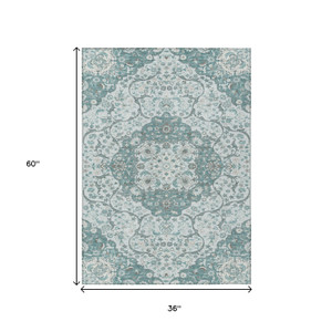 3' X 5' Teal Blue And Ivory Medallion Washable Indoor Outdoor Area Rug