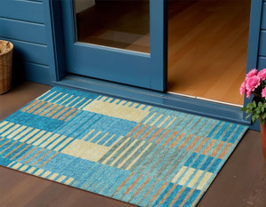 3' X 5' Teal Blue Orange And Sky Blue Striped Washable Indoor Outdoor Area Rug