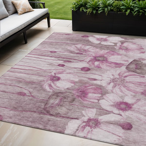 5' X 8' Plum Mauve And Pink Floral Washable Indoor Outdoor Area Rug