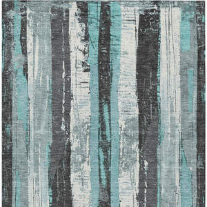 5' X 8' Teal Blue And Gray Striped Washable Indoor Outdoor Area Rug - Teal Blue, Gray
