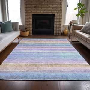 5' X 8' Lavender Sky Blue And Beige Striped Washable Indoor Outdoor Area Rug