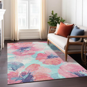 5' X 8' Pink And Sky Blue Floral Washable Indoor Outdoor Area Rug