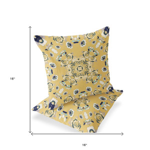 Set of Two 16" X 16" Blue and Yellow Blown Seam Floral Indoor Outdoor Throw Pillow Polyester Classic Design