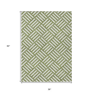 3' X 5' Olive Green And Ivory Geometric Washable Indoor Outdoor Area Rug