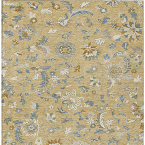 5' X 8' Wheat Blue And Ivory Floral Washable Indoor Outdoor Area Rug