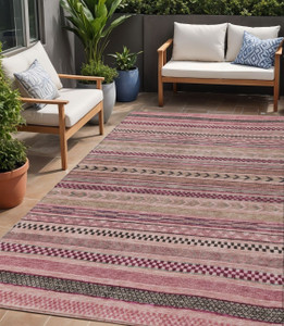 5' X 8' Pink And Taupe Striped Washable Indoor Outdoor Area Rug
